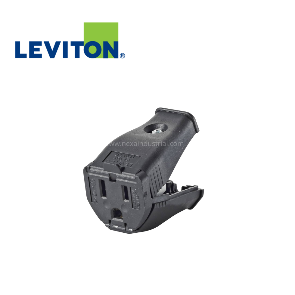 CONECTOR AÉREO PVC NEGRO C/BISAGRA 15A 125V L/T – LEVITON