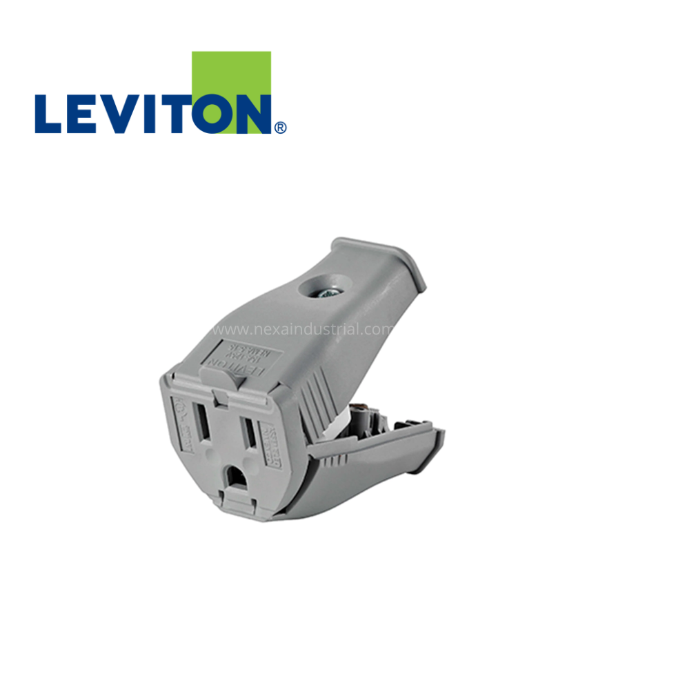 CONECTOR AÉREO PVC GRIS C/BISAGRA 15A 125V L/T – LEVITON