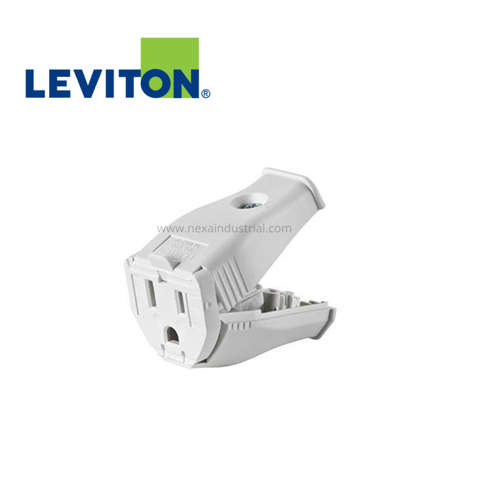CONECTOR AÉREO PVC BLANCO C/BISAGRA 15A 125V L/T – LEVITON
